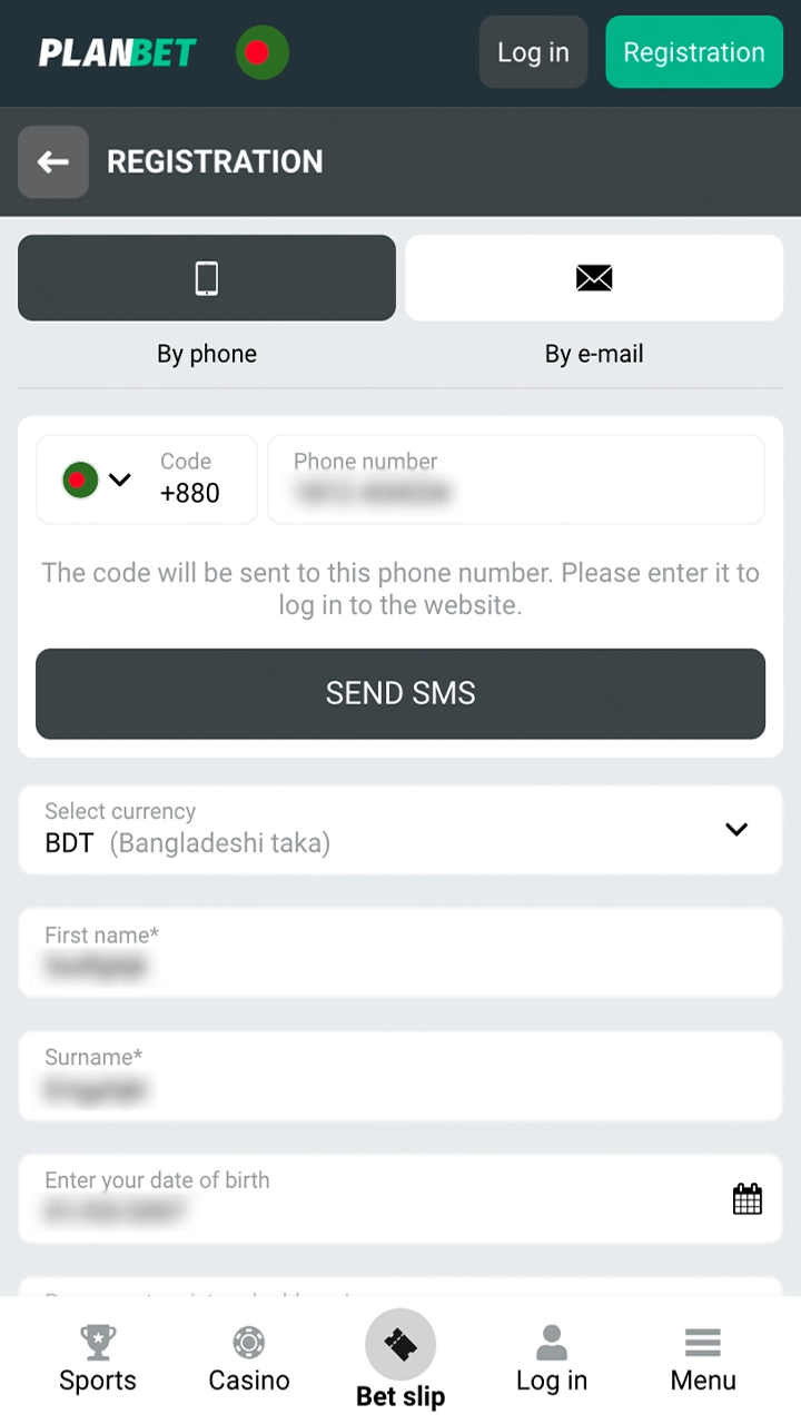 Fill in the required fields to register with Planbet.