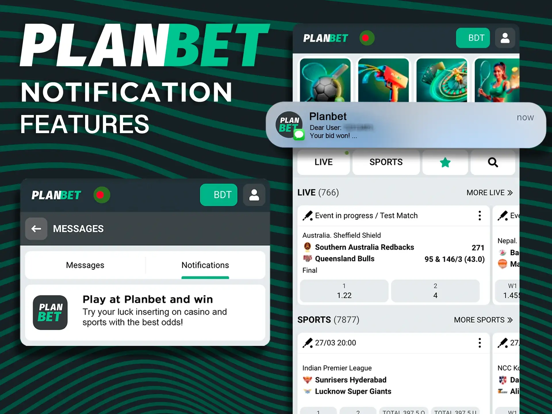 Get notifications about new bonuses or your winning bets at Planbet.