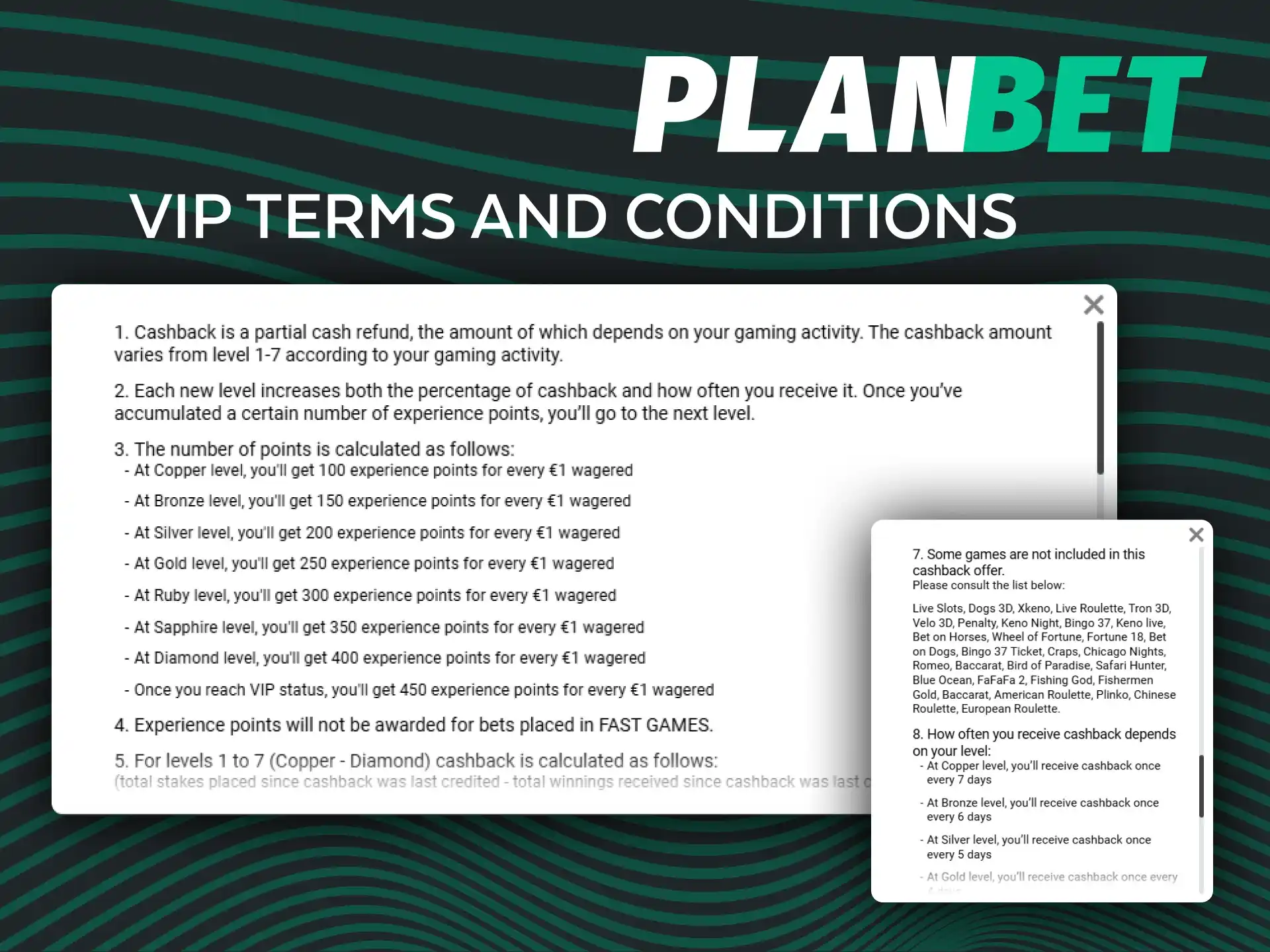 Read the official rules of the Planbet VIP program to understand cashback and level system.